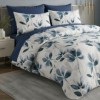 Lenjerie de pat dublu Petalique din bumbac ranforce premium cu model de frunze albastre si cearceaf 240x250 cm