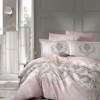 Lenjerie de pat satin de lux cu motive florale roz și gri pe fundal alb, set de 6 piese