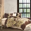 Lenjerie de pat satin de lux cu motive baroc aurii și crem pe fundal maro, set de 6 piese