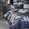 Lenjerie de pat din satin de lux model Andrea albastru-maro cu design abstract