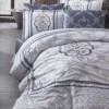 Lenjerie de pat din satin de lux model Cotto alb-gri cu design geometric și floral