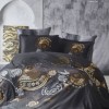 Lenjerie pat dublu Pais negru cu model paisley auriu și argintiu din bumbac satinat