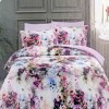 Lenjerie de pat satin de lux cu flori roz și mov pe fundal alb, set de 6 piese