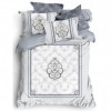Lenjerie de pat din satin de lux model Cotto alb-gri cu design geometric și floral
