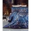 Lenjerie de pat din satin de lux model Damask albastru-auriu cu design damasc