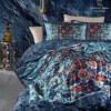 Lenjerie de pat din satin de lux model Ethnical albastru-portocaliu cu design etnic