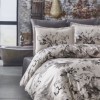 Lenjerie de pat din satin de lux model Zenya ecru-gri cu design floral