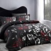 Lenjerie de pat TAC Talin Negru cu design floral negru roșu alb pe bumbac 100% satinat mercerizat, include cearceaf de pat, husă de pilotă și fețe de pernă