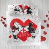 Lenjerie de pat model Minnie și Mickey Mouse cu inimă roșie, pat dublu, din bumbac 100% ranforce, Tac Disney