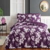 Lenjerie de pat Fussa, bumbac satinat, imprimeu flori albe pe fundal mov, set 6 piese