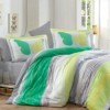Lenjerie de pat de lux din satin Hobby Home Nicoletta Green în nuanțe verde, galben și gri, design fluturi și dungi