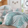 Lenjerie de pat de lux din satin Hobby Home Serena Turquoise în nuanțe turcoaz și alb, design floral și dungi