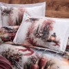 Lenjerie de pat flanel Dalila First Choice, peisaj de iarna cu brazi, casute inzapezite, felinar si fereastra decorata, verso bordo