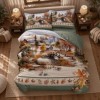 Lenjerie de pat flanel Toledo First Choice, imprimeu digital 3D cu podet, casute, munti si copaci aramii, bordura cu frunze