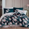 Lenjerie de pat satin de lux 6 piese Hobby Home Adriana Petrol Green, cu trandafiri roz, bumbac satinat