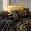 Lenjerie de pat Alvina Gold din bumbac satinat negru cu ornamente aurii