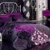 Lenjerie de pat dublu din satin mov și negru, model Kosem Sultan, cu imprimeu baroc