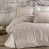 Lenjerie de pat bej Fiore din satin de bumbac cu broderii albe și crem și aplicații 3D, set Clasy