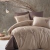 Lenjerie de pat bumbac 100% satinat Clasy Zeplin, maro-crem, broderie copaci și flori, 6 piese