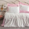 Lenjerie de pat roz și alb, broderii florale, 100% bumbac satinat, set 6 piese.