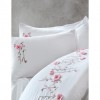Lenjerie de pat albă din bumbac satin cu broderie florală roz