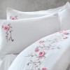 Lenjerie de pat albă din bumbac satin cu broderie florală roz