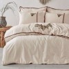 Lenjerie de pat premium din satin de lux, model Lina Beige, cu broderie handmade elegantă, pentru un decor sofisticat.