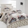 Lenjerie de pat Bike cu motociclete și inscripții, culori bej, roșu și albastru, bumbac 100%, set 4 piese
