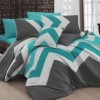 Lenjerie de pat dublu Candy Turkuaz NR 164 cu design geometric modern în nuanțe de turcoaz și gri.