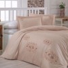 Lenjerie de pat din bumbac satinat dublu cu broderii elegante maro și auriu, 4 piese, bej cald, Nazenin Home