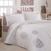 Lenjerie de pat din bumbac satinat dublu cu broderii elegante argintii și gri deschis, 4 piese, alb imaculat, Nazenin Home