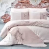 Lenjerie de pat din bumbac satinat Armoni Nazenin Home, set 6 piese, design elegant cu broderie, culori roz pudra și alb.