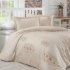 Lenjerie de pat satin brodat Nazenin Home Hurrem Bej, bej cu motive florale, 6 piese, cearceaf bej uni