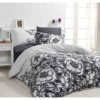 Lenjerie de pat dublu din satin alb-negru cu flori, model Marjorie Black