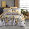 Lenjerie de pat Aida cu imprimeu floral galben pe fundal gri, din bumbac satinat 100%, set de 6 piese