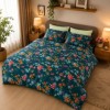 Lenjerie de pat satin de lux 6 piese Class Home Collection Tonia Floral cu imprimeu floral vibrant pe fundal albastru