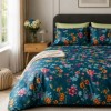 Lenjerie de pat satin de lux 6 piese Class Home Collection Tonia Floral cu imprimeu floral vibrant pe fundal albastru