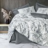 Lenjerie pat satin de lux 6 piese Cotton Box design cu flori gri pe fundal alb, Moale