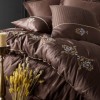 Lenjerie de pat King Brown bumbac satinat maro, broderie florală 3D, cusături decorative, 6 piese