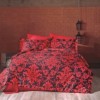 Lenjerie satinată din bumbac cu design damasc roșu-negru, 4 piese