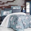 Lenjerie satinată din bumbac cu design floral albastru-alb, 4 piese