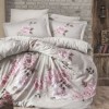 Lenjerie de pat din bumbac satinat Rosemary cu model flori roz pe fundal crem