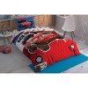 Lenjerie de pat pentru copii Disney Cars Adventure, imprimeu roșu alb albastru cu Lightning McQueen, 3 piese, bumbac 100%.