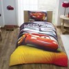 Lenjerie de pat Disney Tac Cars Lightning, imprimeu roșu galben negru cu Lightning McQueen, 3 piese, bumbac.