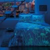 Lenjerie de pat Tac din bumbac satinat fosforescent, 6 piese, alb și albastru, cu design floral elegant și modern