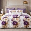 Lenjerie finet cu elastic 6 piese Flori mov si crem, model floral elegant in nuante de mov, crem si lila, cu cearsaf uni mov lila