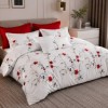 Lenjerie finet cu elastic 6 piese Flori rosii, model floral rosu pe fundal alb, cu cearsaf uni rosu
