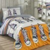 Lenjerie de pat 1 persoană galbenă cu design de bascheți și dungi colorate, din bumbac 100% poplin, set de 3 piese