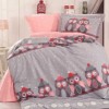 Lenjerie de pat 1 persoană gri cu model bufnițe, din bumbac 100% poplin, set de 3 piese