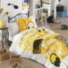 Lenjerie de pat 1 persoană galbenă cu căști și text muzical, din bumbac 100% poplin, set de 3 piese